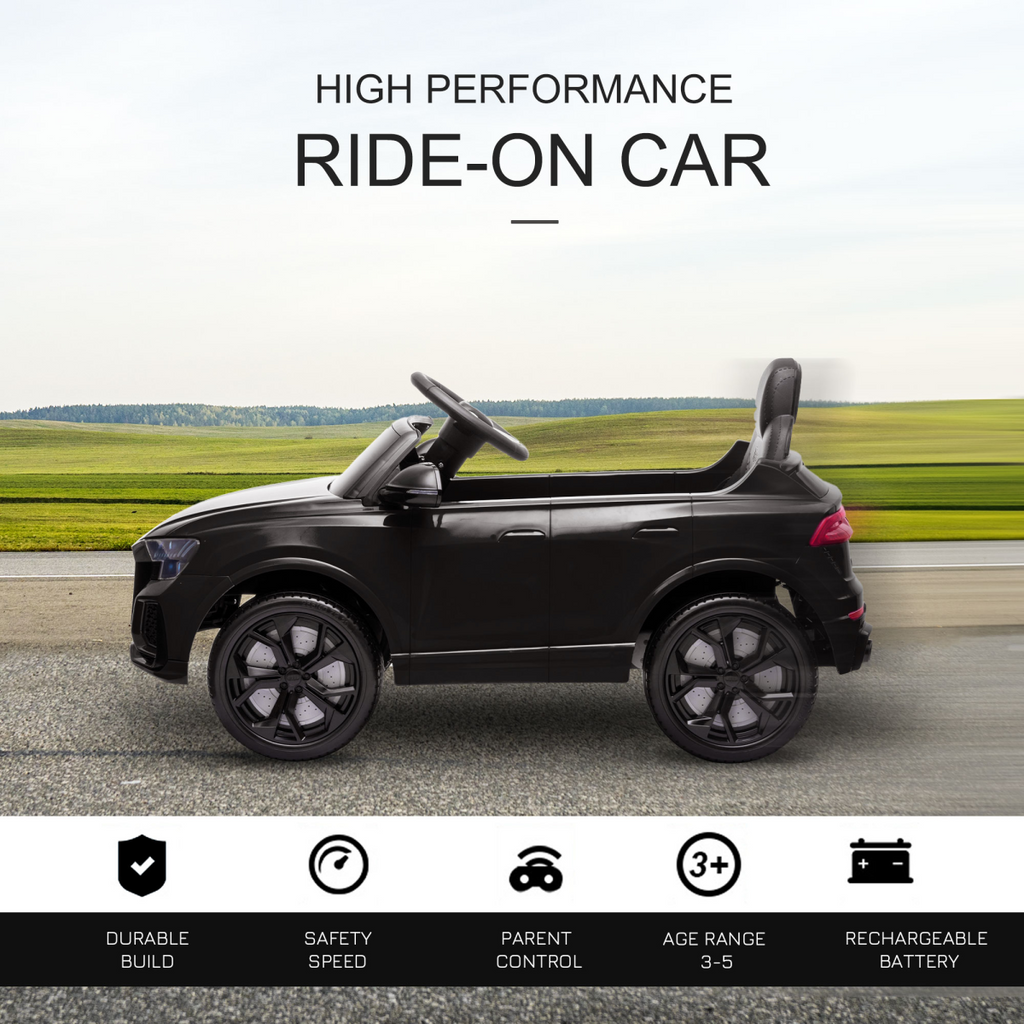 Black Audi RS Q8 kids electric ride-on car toy with remote, USB, MP3, and Bluetooth features from FunZone.