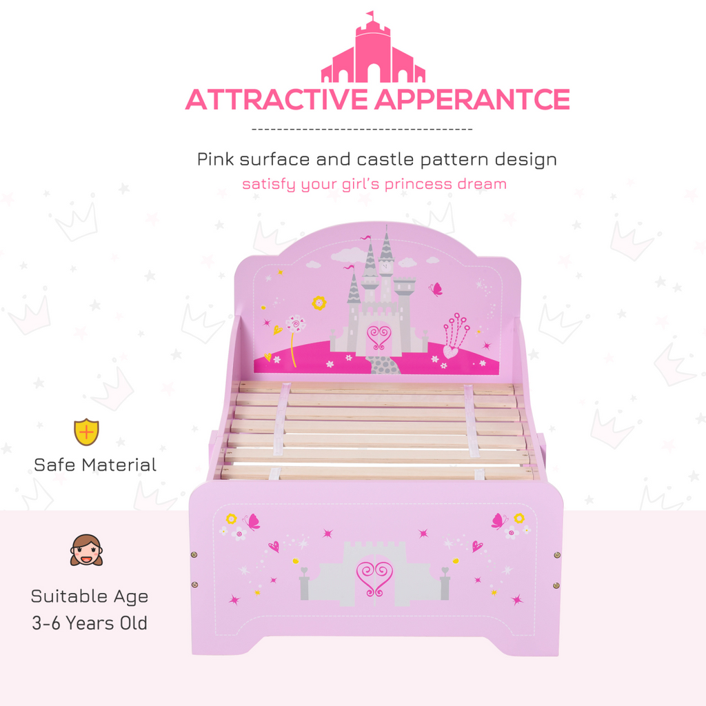 HOMCOM pink kids bed featuring a princess castle theme with side rails and slats for ages 3-6 years.