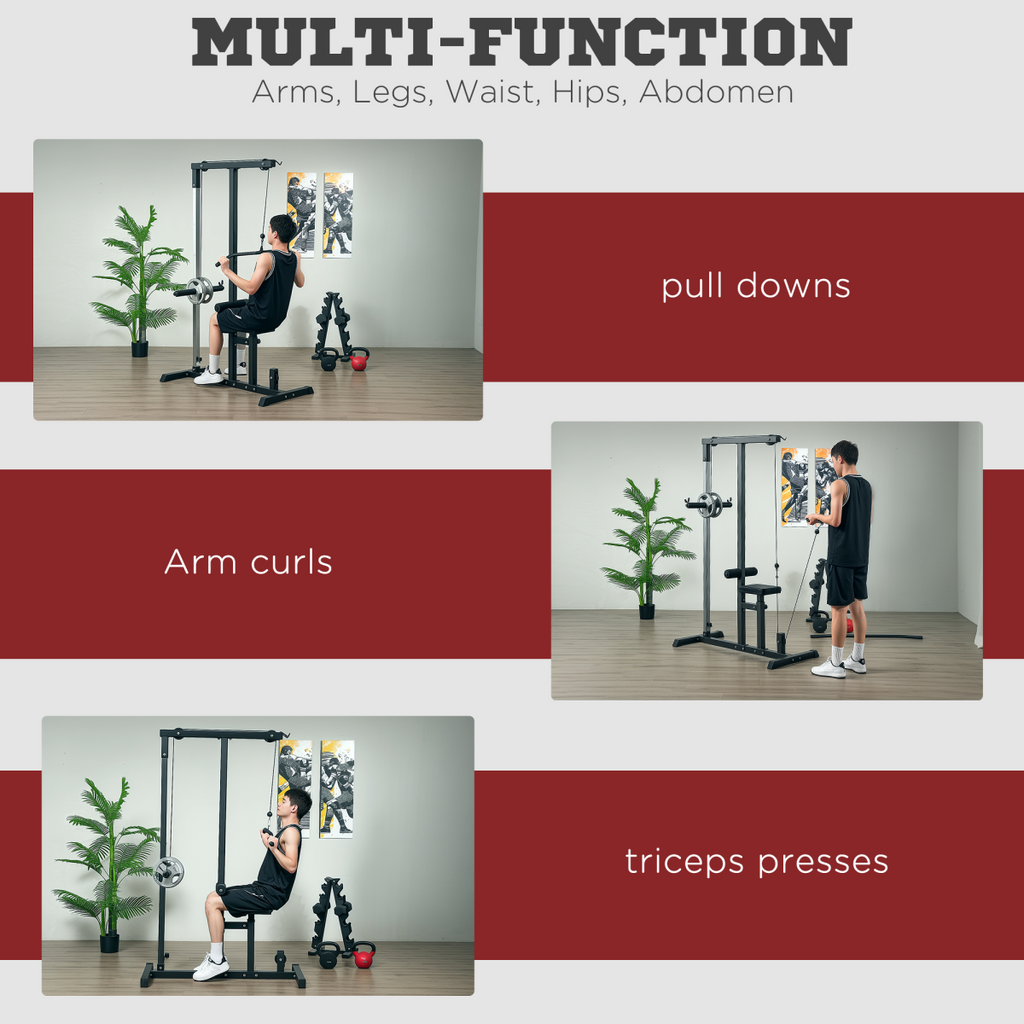 Exercise pulldown machine Power Tower featuring adjustable seat and cables, designed for strength training workouts.