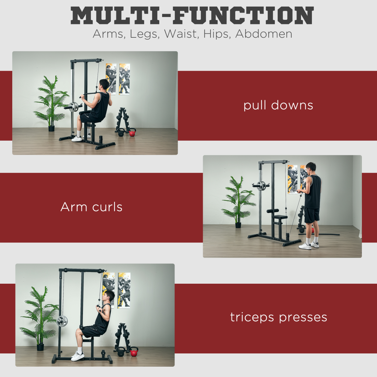 Exercise pulldown machine Power Tower featuring adjustable seat and cables, designed for strength training workouts.