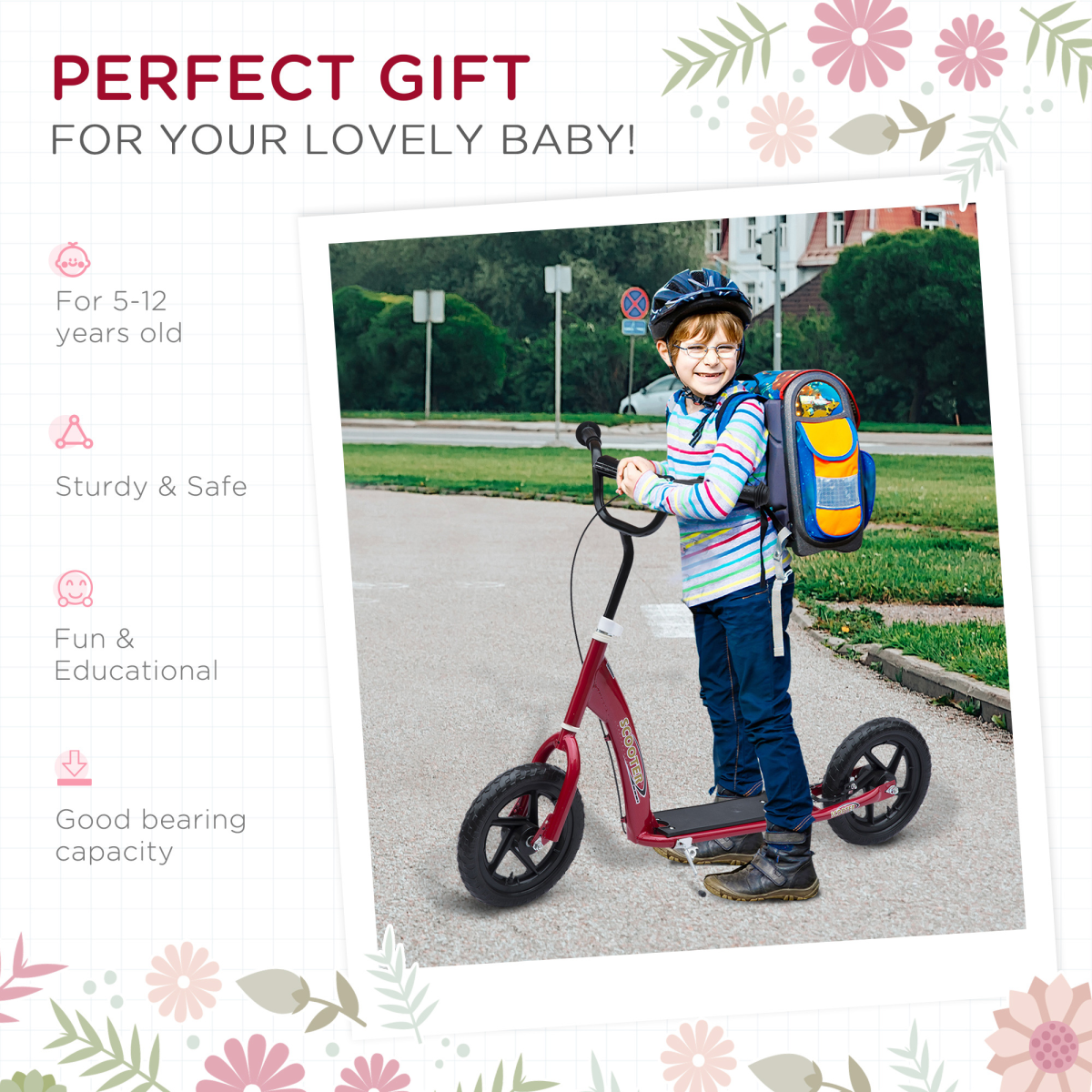 Teen stunt scooter with 12" EVA wheels and adjustable height, featuring a vibrant red design for ages 5 and up.