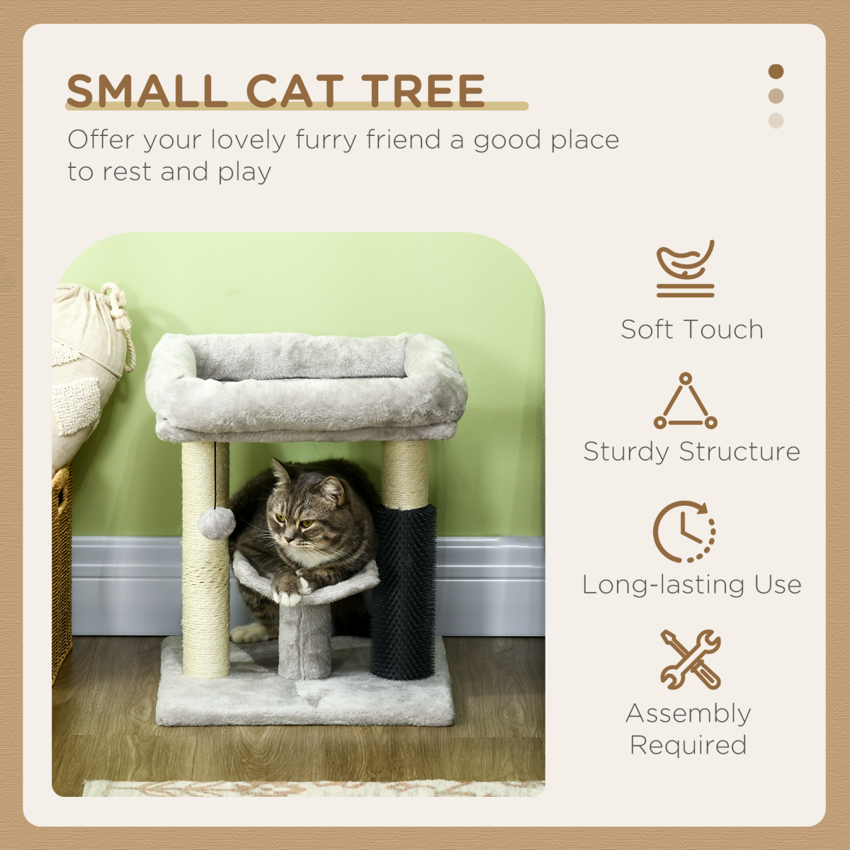 PawHut Small Cat Tree Tower with Scratching Posts, Bed, Perch, Self Groomer, Toy