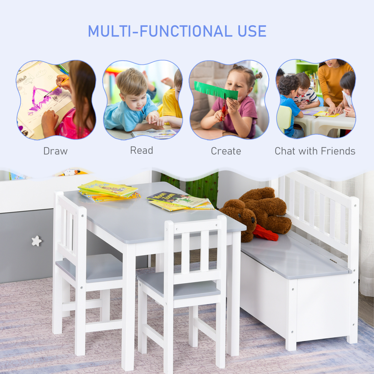 4-Piece Set Kids Wood Table Chair Bench Storage Function for 3 Years+ HOMCOM