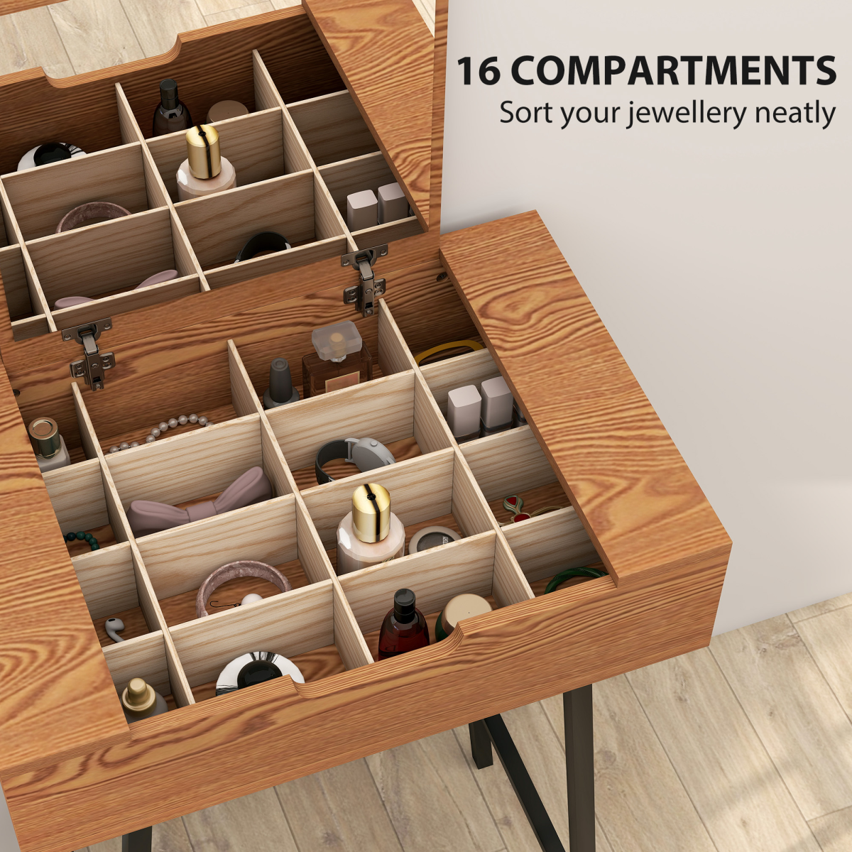 Industrial Vanity Desk with Mirror & Steel Legs - Natural Wood Effect