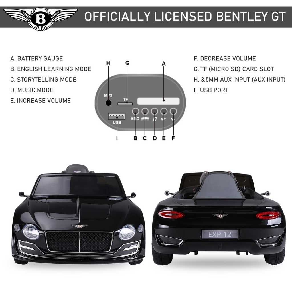 Black HOMCOM Electric Ride-on Car featuring LED lights, music, and parental remote control.