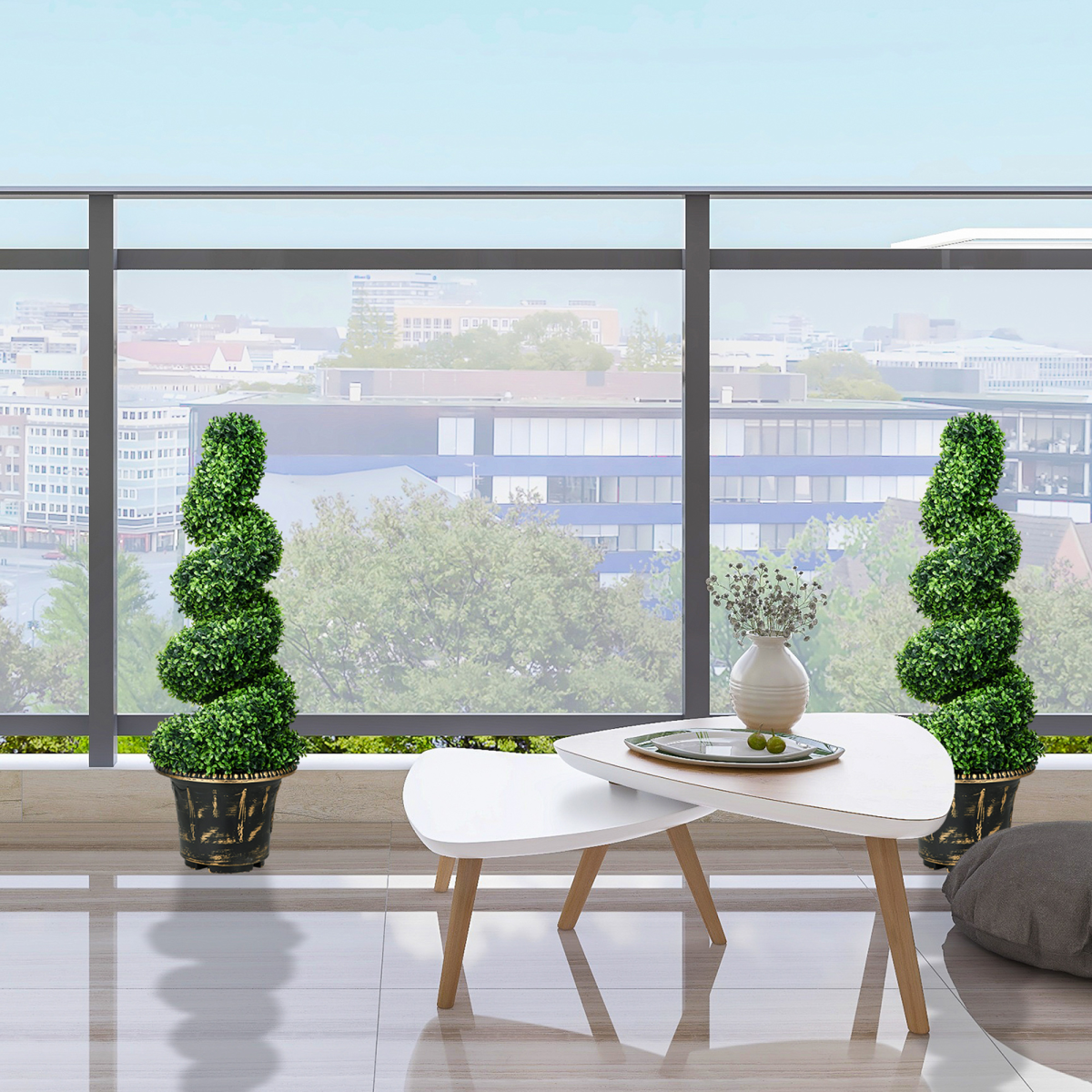 Set of 2 HOMCOM artificial topiary spiral trees, 90cm tall, featuring boxwood leaves and lavender accents.
