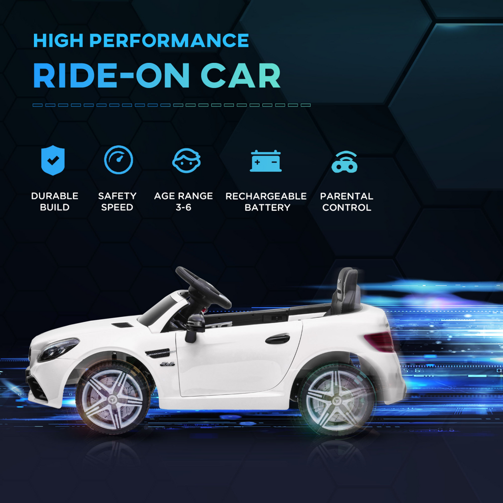 HOMCOM 12V kids electric ride-on car in white with remote control, music features, and realistic design.