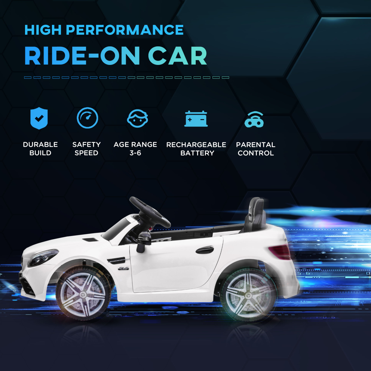 HOMCOM 12V kids electric ride-on car in white with remote control, music features, and realistic design.