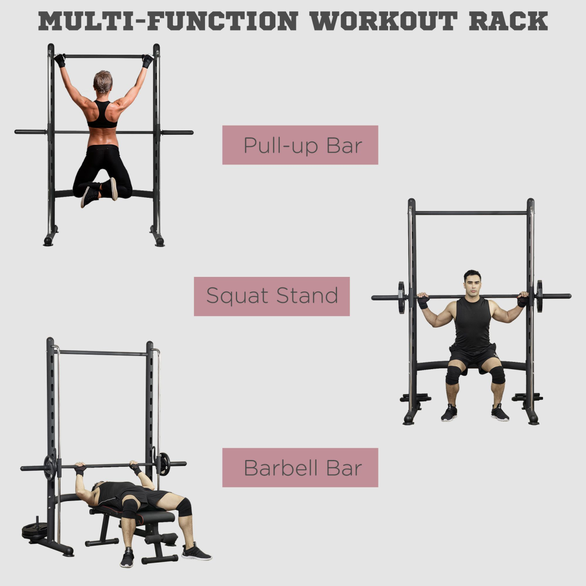 Adjustable squat rack with pull-up bar and barbell bar for home gym by HOMCOM in a well-lit indoor setting.