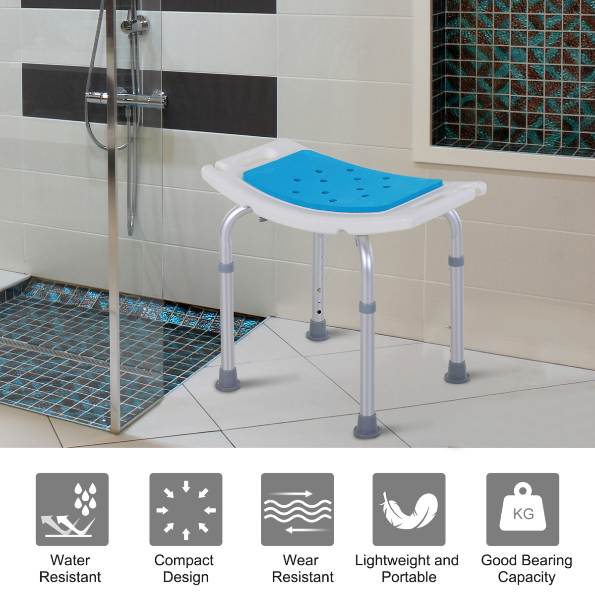 Adjustable aluminum bath stool by HOMCOM, featuring a non-slip design and 136kg capacity for safe showering.