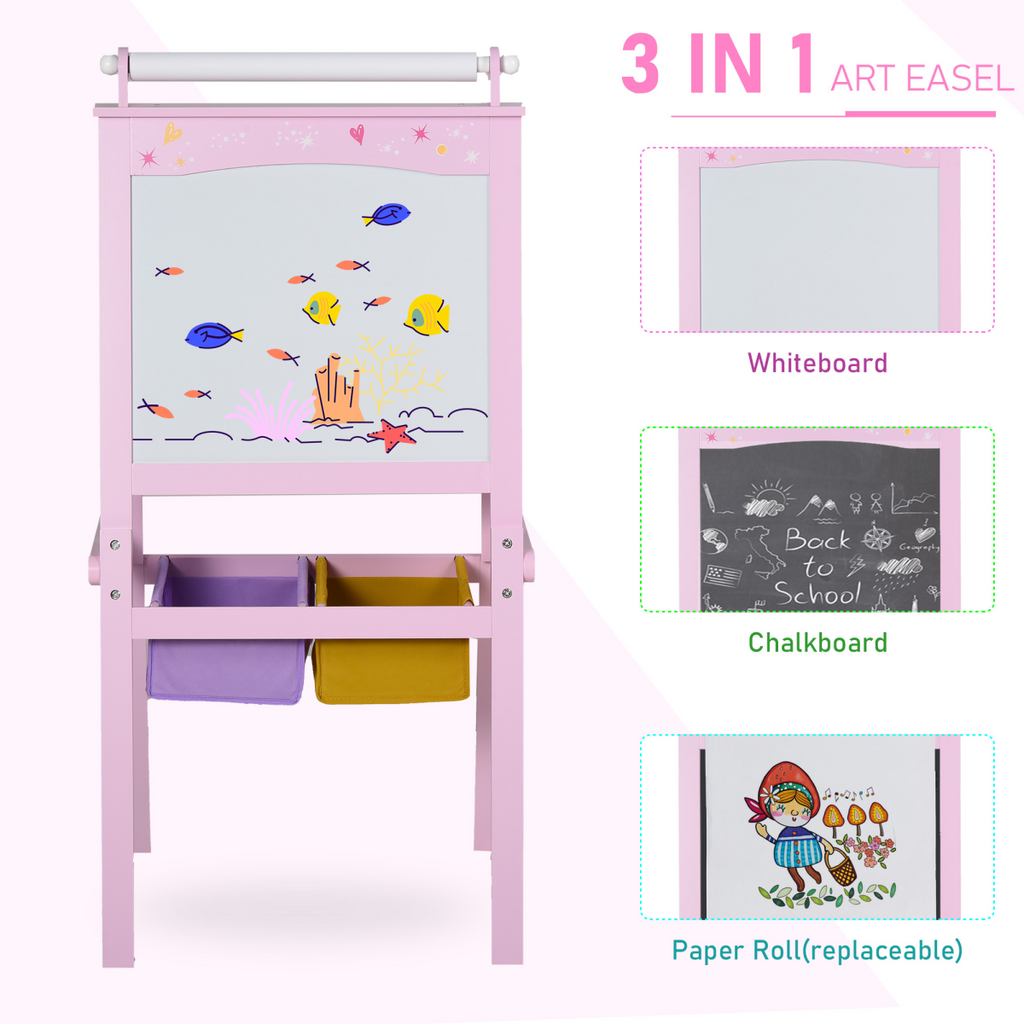 Kids wooden art easel with paper roll and double-sided chalkboard, perfect for creative play and learning.
