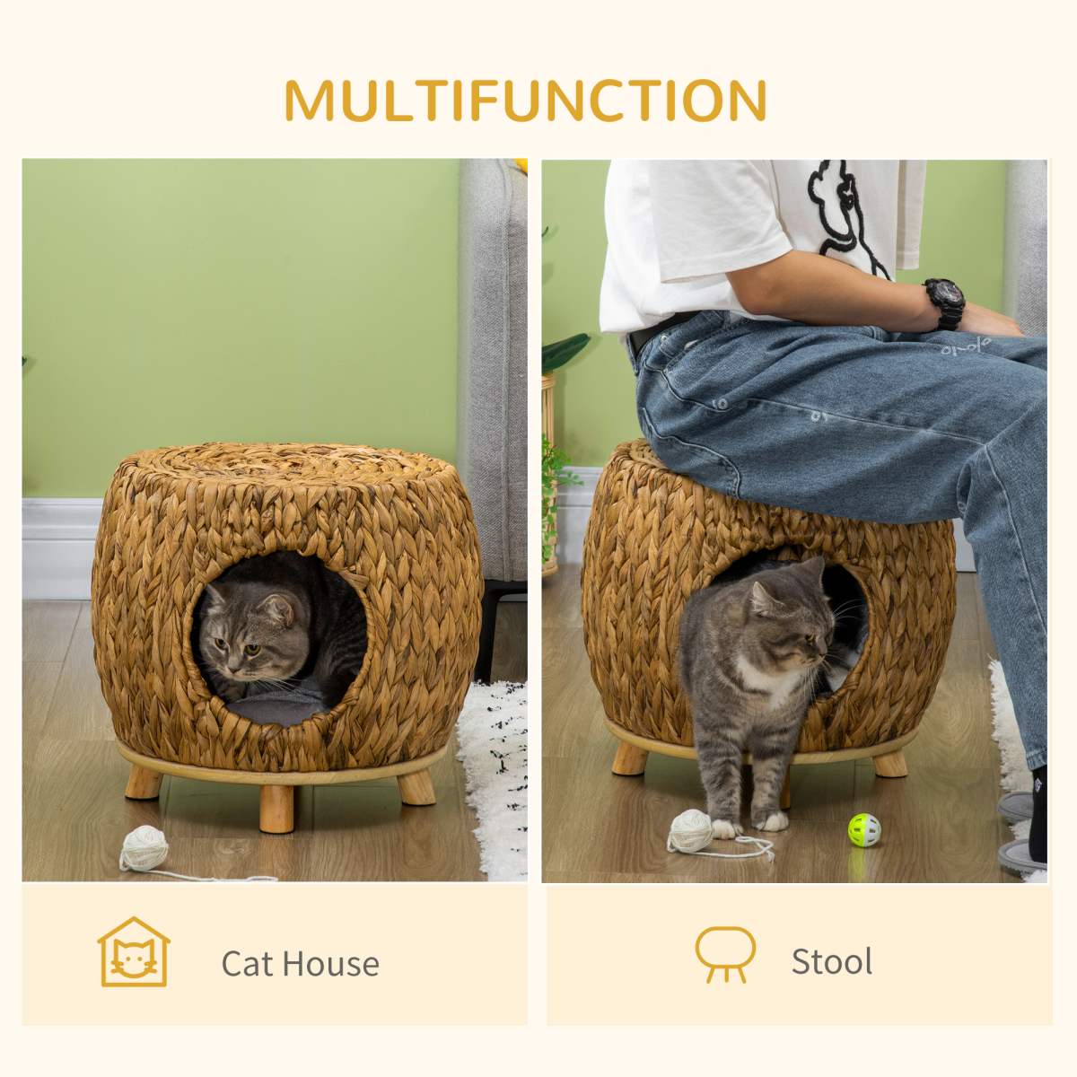 Rattan Cat House Stool, Wicker Kitten Bed for Outdoors and Indoors w/ Cushion