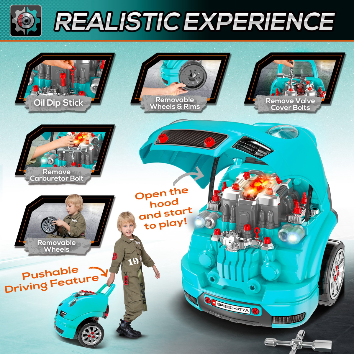 Teal green fun truck engine toy set with horn, light, and car key for kids aged 3-5 by HOMCOM.