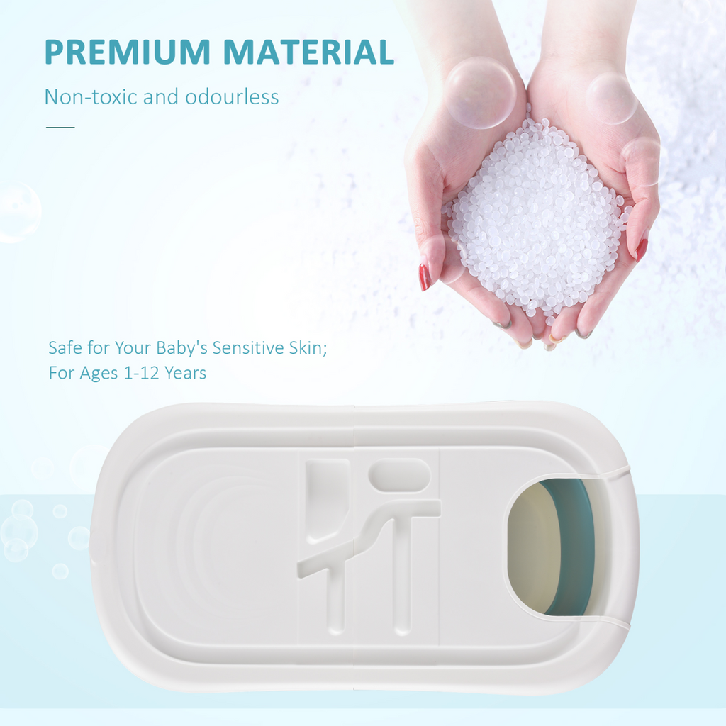 HOMCOM Foldable Kids Bath Tub with Lid, large design for children ages 1 to 12, shown in a bright bathroom setting.