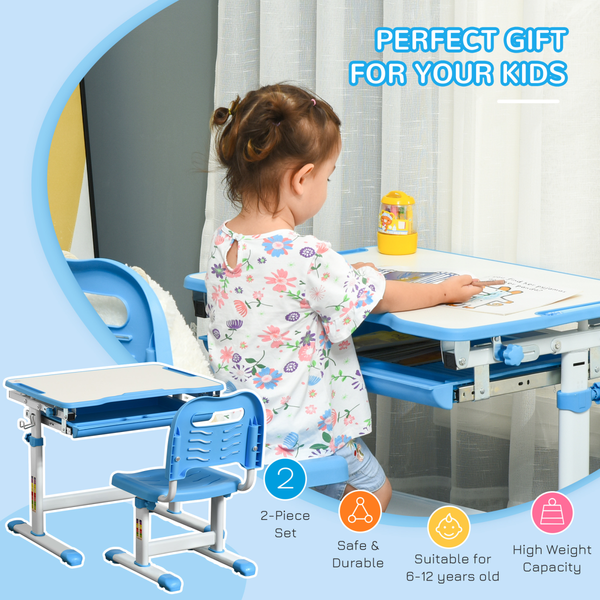 Kids Desk and Chair Set Adjustable Tiltable with Drawer Pen Slot Hook