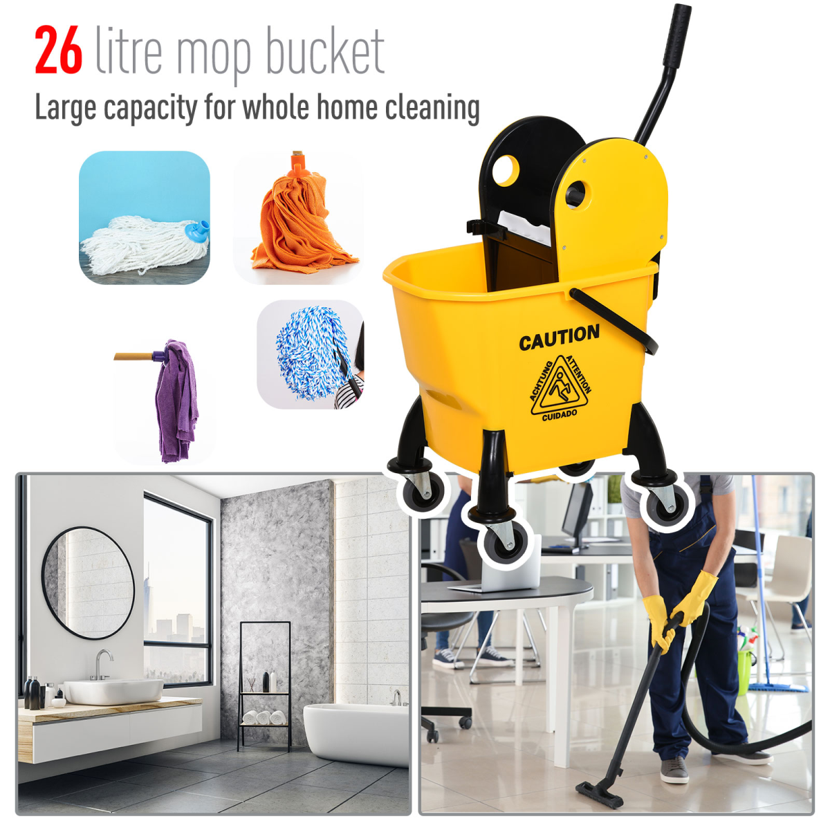 HOMCOM yellow 26L mop bucket with water wringer and four wheels, featuring a durable plastic body for easy mobility.
