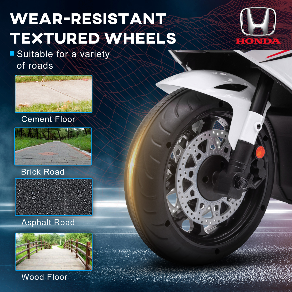 Licensed Honda 6V electric motorbike with training wheels, designed for kids ages 3-5, in bright colors and playful design.
