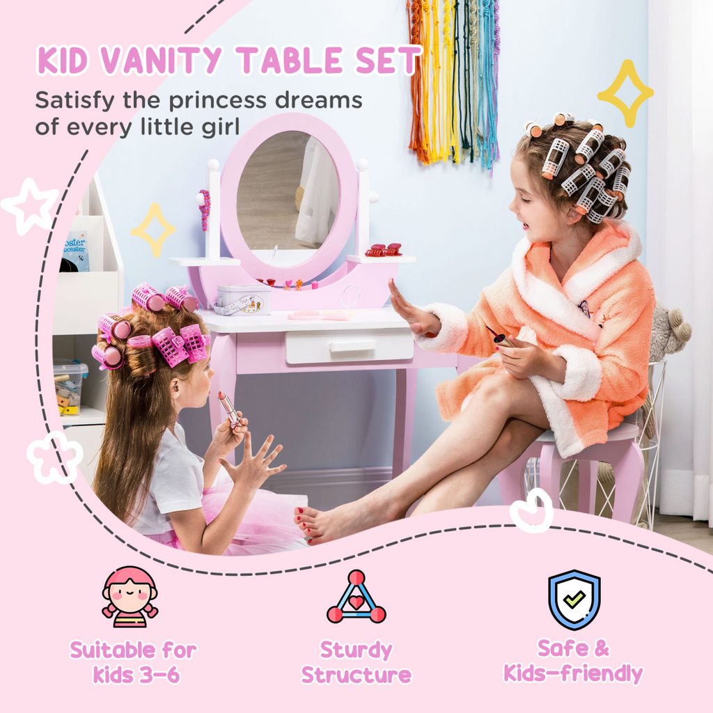 Kids pink dressing table with mirror and stool, featuring a drawer, suitable for ages 3-6 by ZONEKIZ.