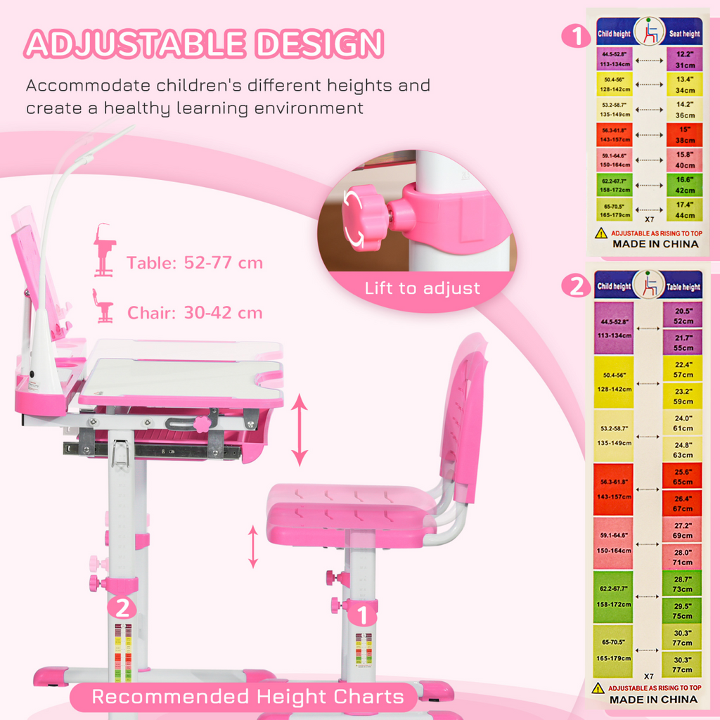 Kids study desk and chair set in pink, featuring adjustable height and a storage drawer for organized study space.