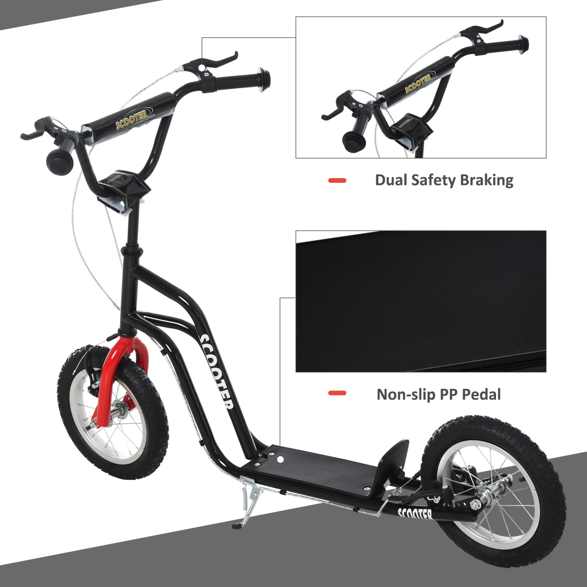 Kids Kick Scooter in black with adjustable handlebar and inflatable wheels, suitable for ages 5 and up.