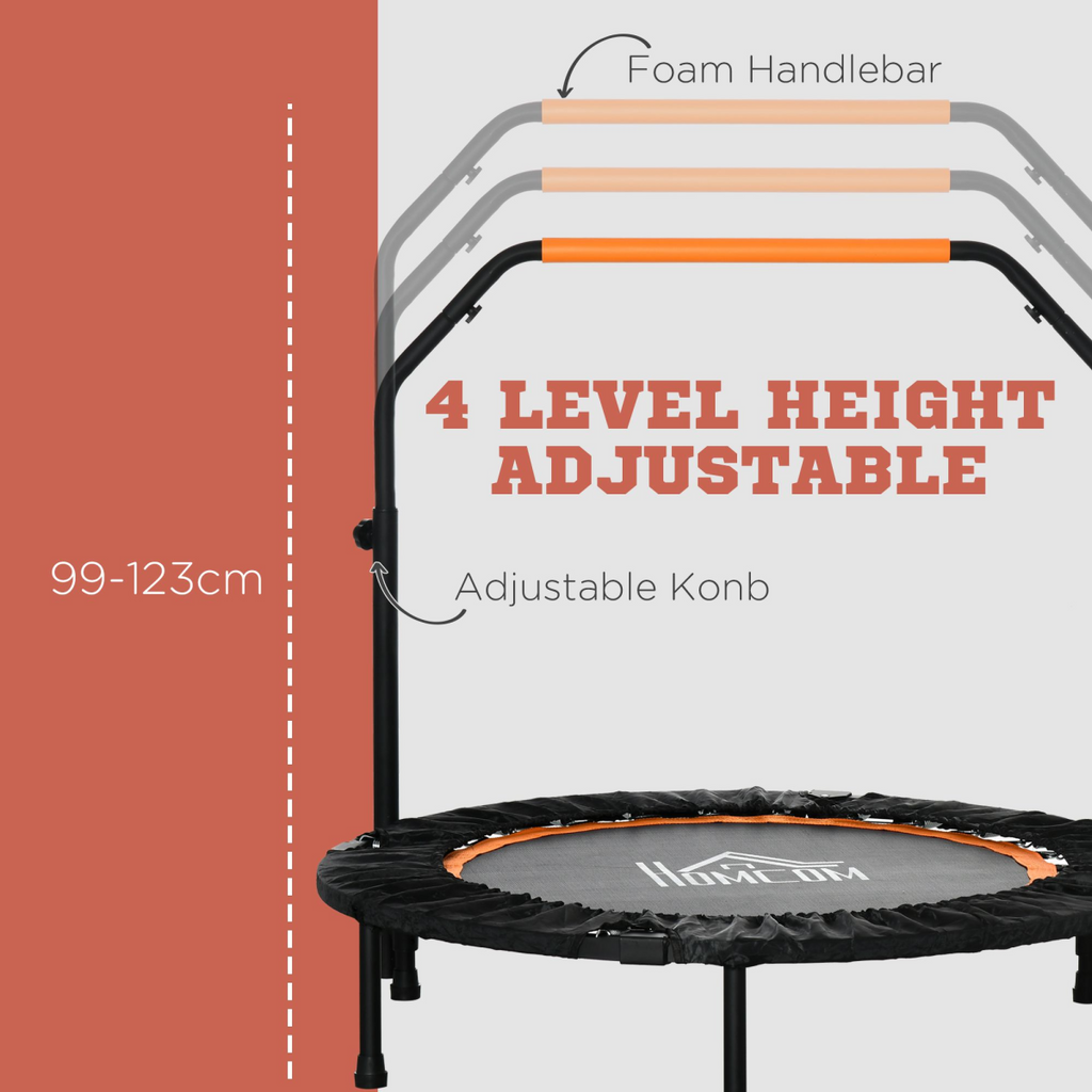 40" foldable mini fitness trampoline with adjustable foam handle, perfect for home workouts and fitness routines.
