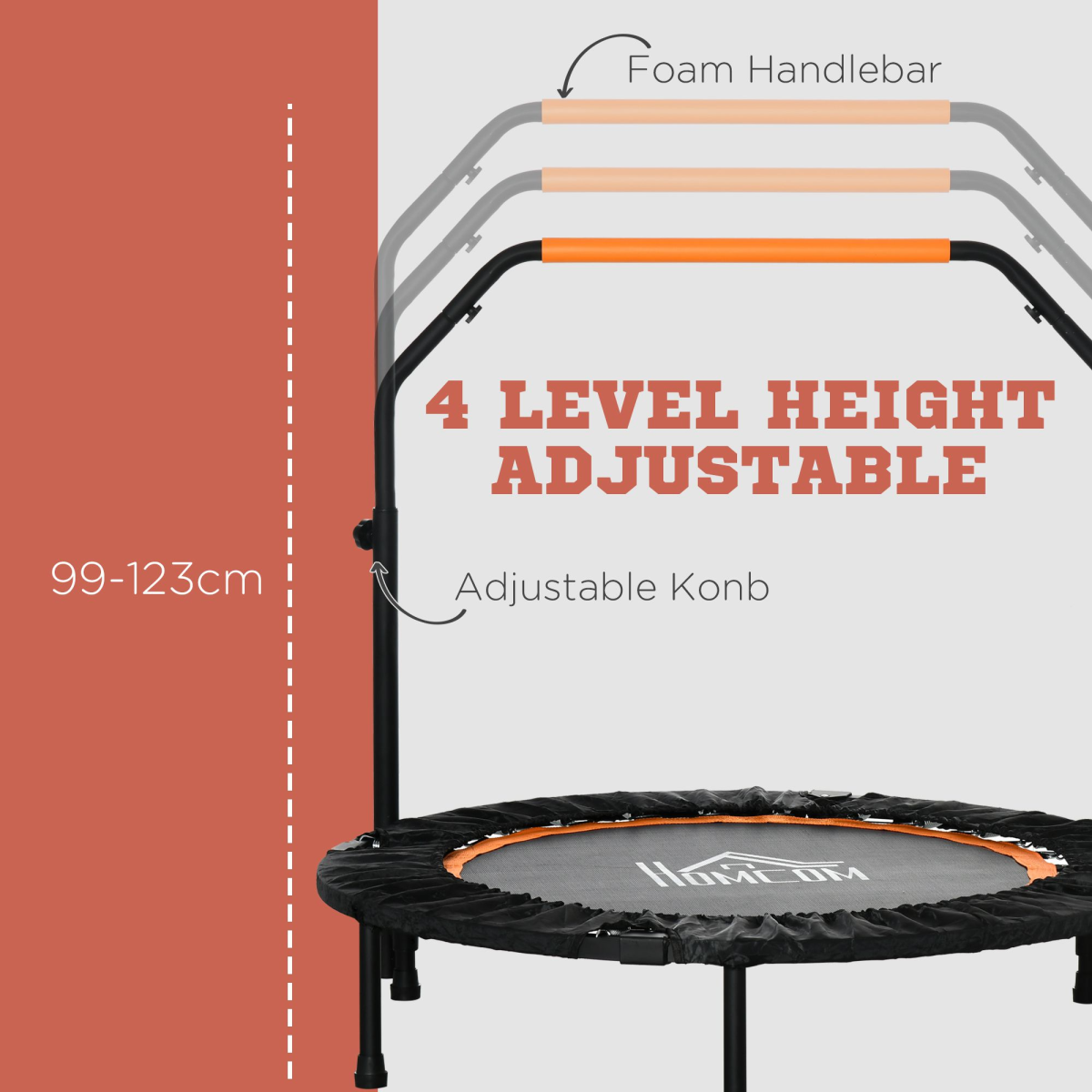 40" foldable mini fitness trampoline with adjustable foam handle, perfect for home workouts and fitness routines.