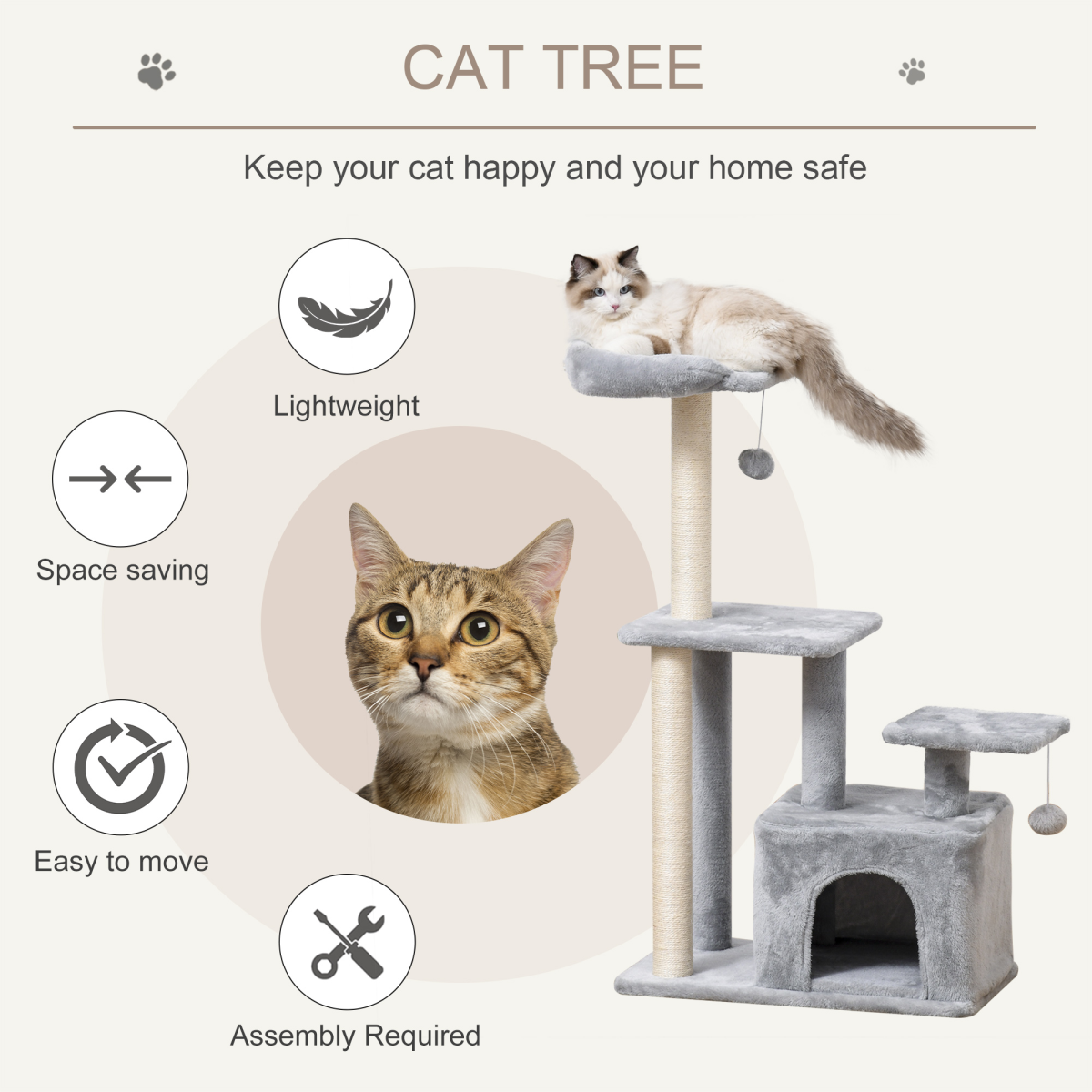 Pawhut cat tree tower with scratching posts, sisal ball, and cozy condo, measuring 60 x 40 x 114 cm.