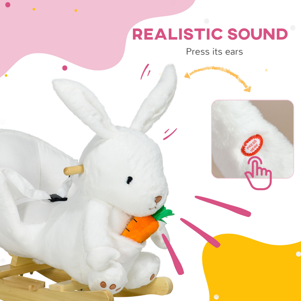 HOMCOM kids' rabbit-shaped rocking horse in white with safety belt and realistic sounds, perfect for imaginative play.