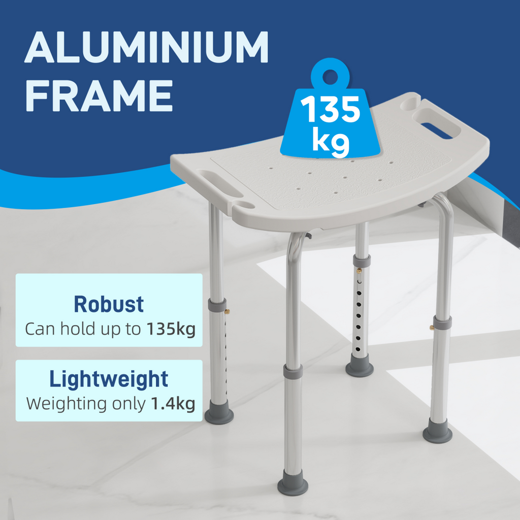 Adjustable height Mobility Shower Stool with aluminum frame and non-slip legs, ideal for safe bathing support.