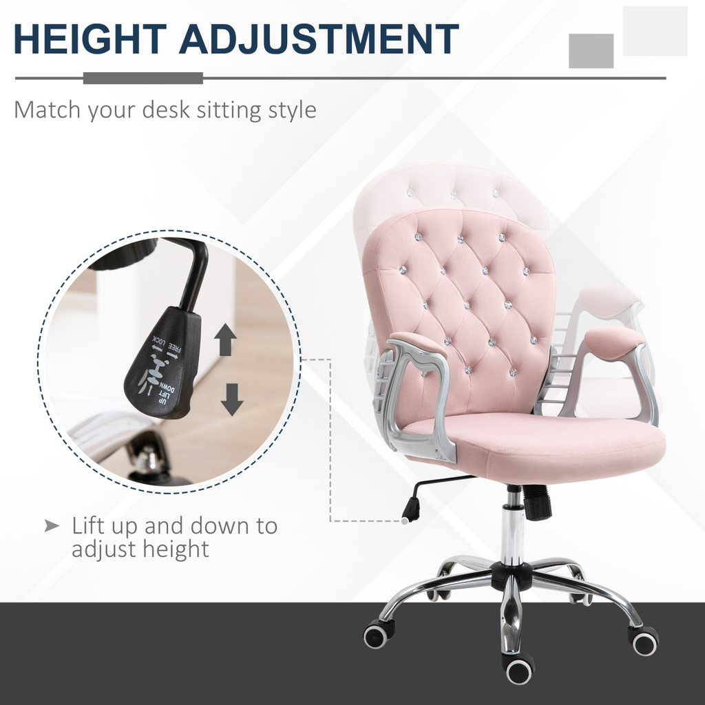 Luxury pink velour office chair with diamond tufting, padded ergonomic design, and 360° swivel feature.