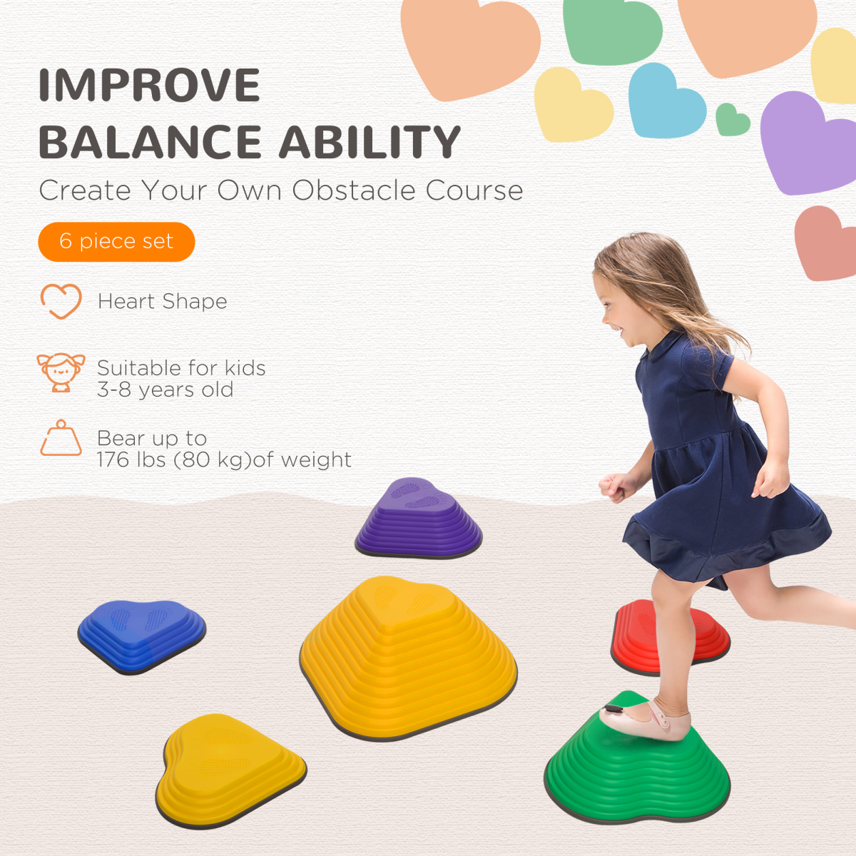 Colorful AIYAPLAY 6PC kids stepping stones, non-slip and stackable, arranged in a playful outdoor setting.