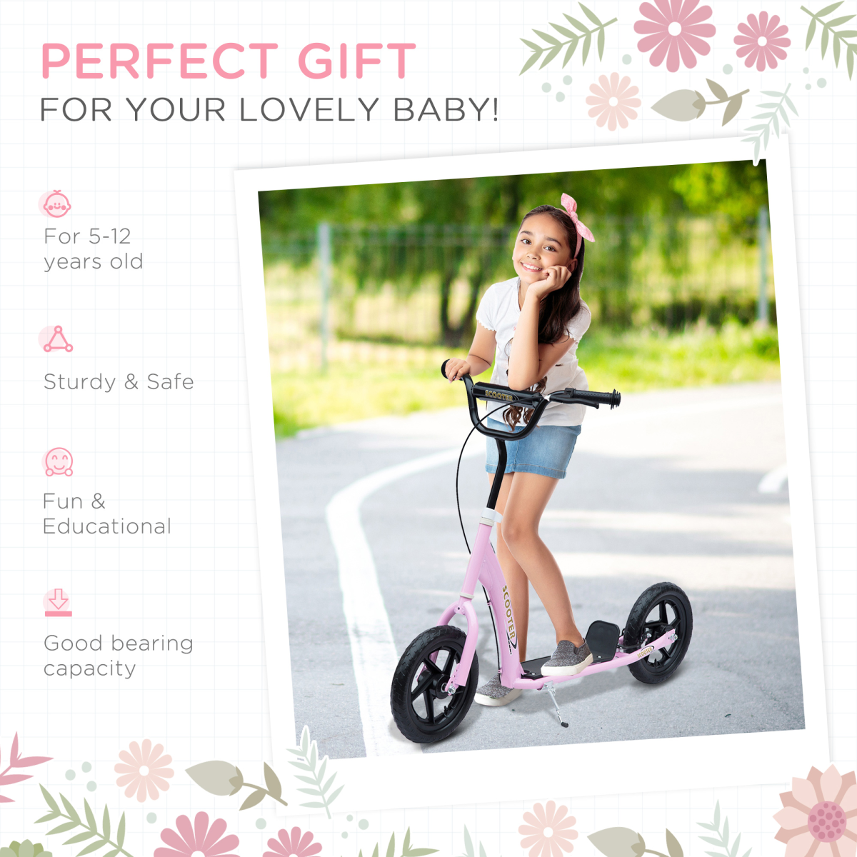 Pink Teen Stunt Scooter by FunZone with 12" EVA wheels and adjustable height, designed for ages 5 and up.