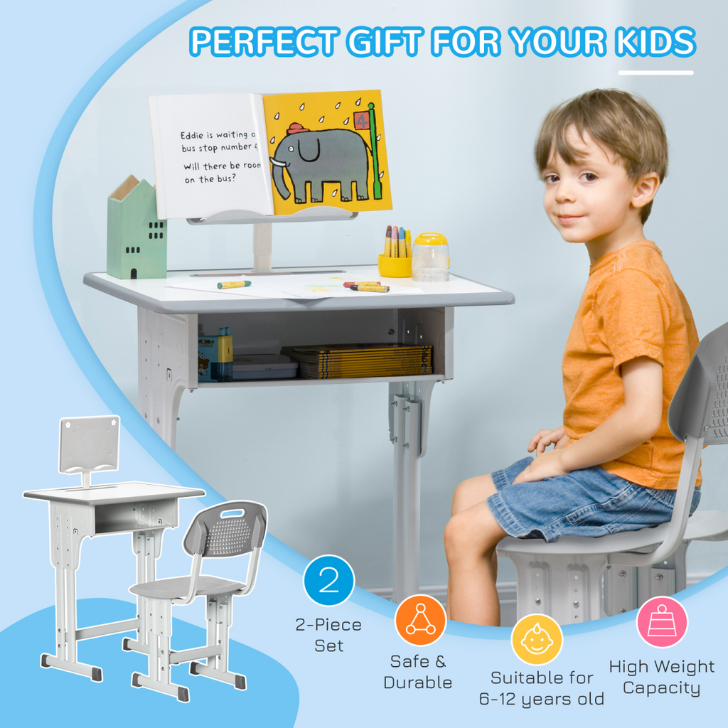 Kids desk and chair set in grey, adjustable height, includes book stand, designed for ages 6-12 by FunZone.