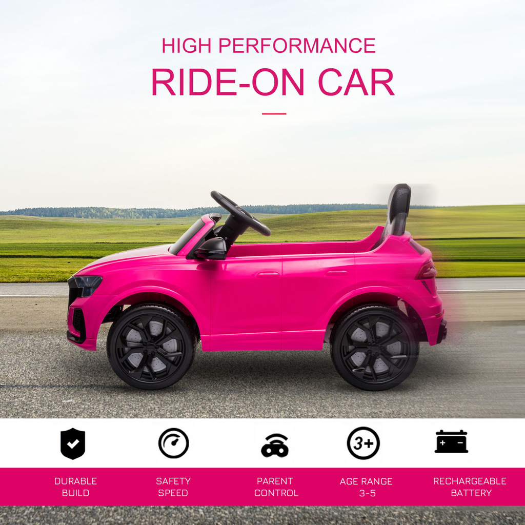 Licensed pink Audi RS Q8 6V electric ride-on car with remote control for ages 3-5, featuring sporty design and comfortable seat.