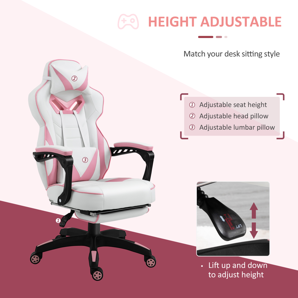 Gaming Chair Ergonomic Reclining w/ Manual Footrest Wheels Stylish Office Pink