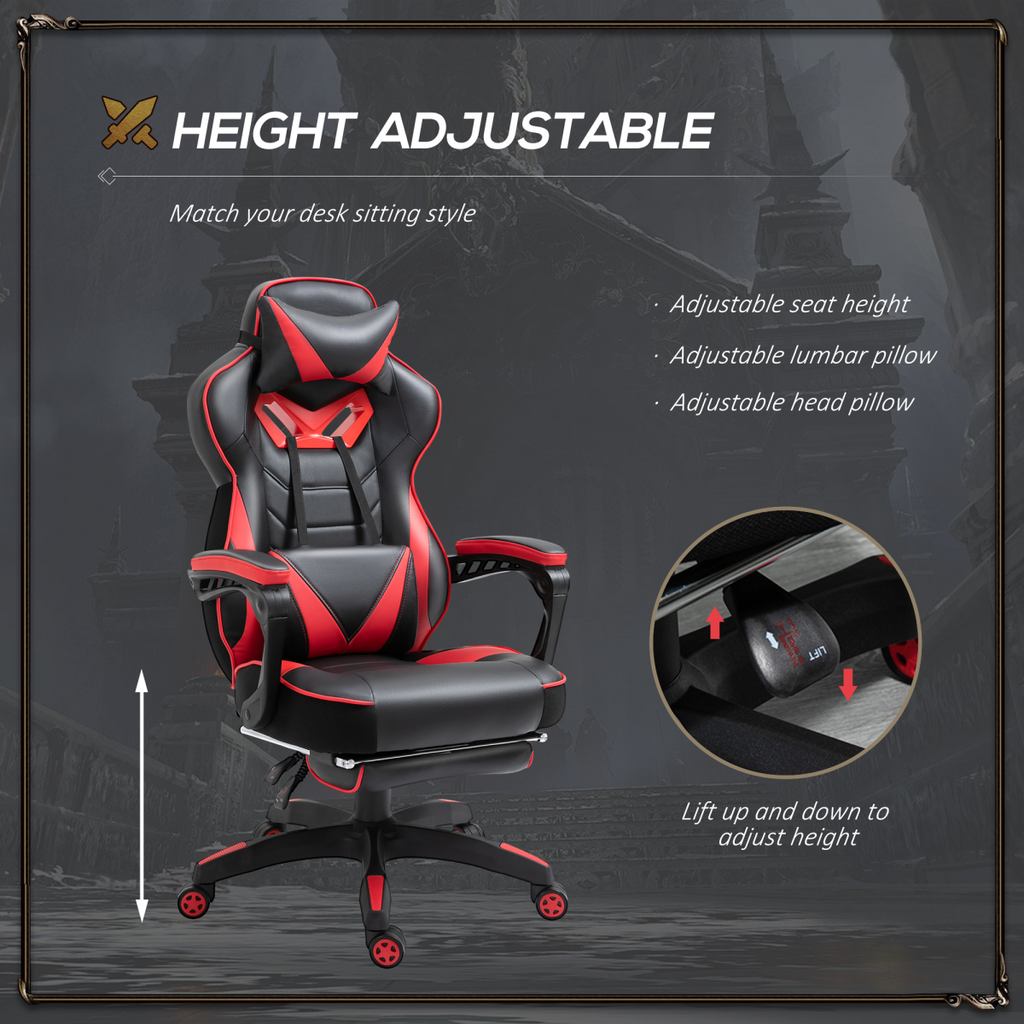 Red ergonomic gaming chair with reclining feature and manual footrest, designed for comfort in home and office settings.