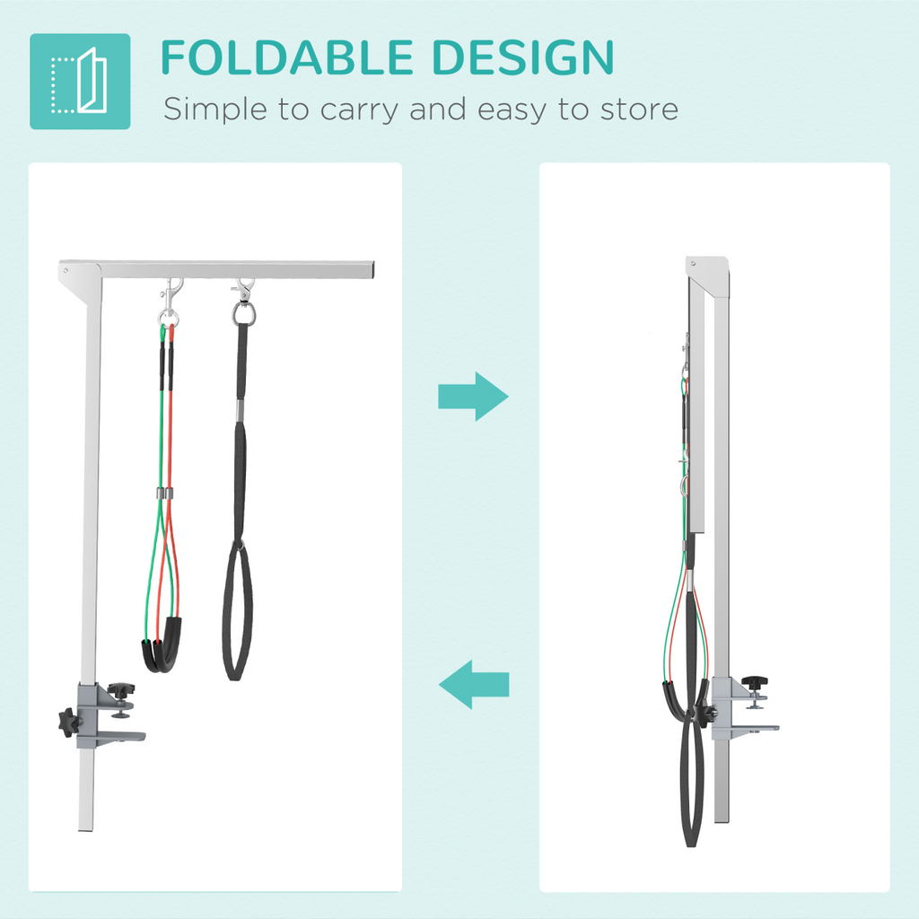 Foldable adjustable pet grooming arm with clamp, designed for medium dogs, showcasing sturdy construction and flexibility.