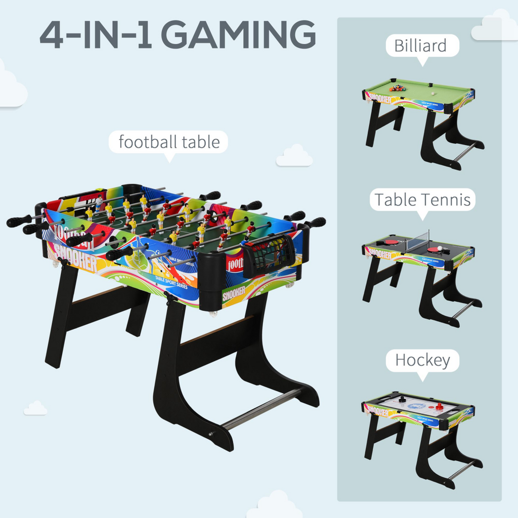 4-in-1 foldable game table by FunZone featuring hockey, football, table tennis, and pool in a home gaming setup.