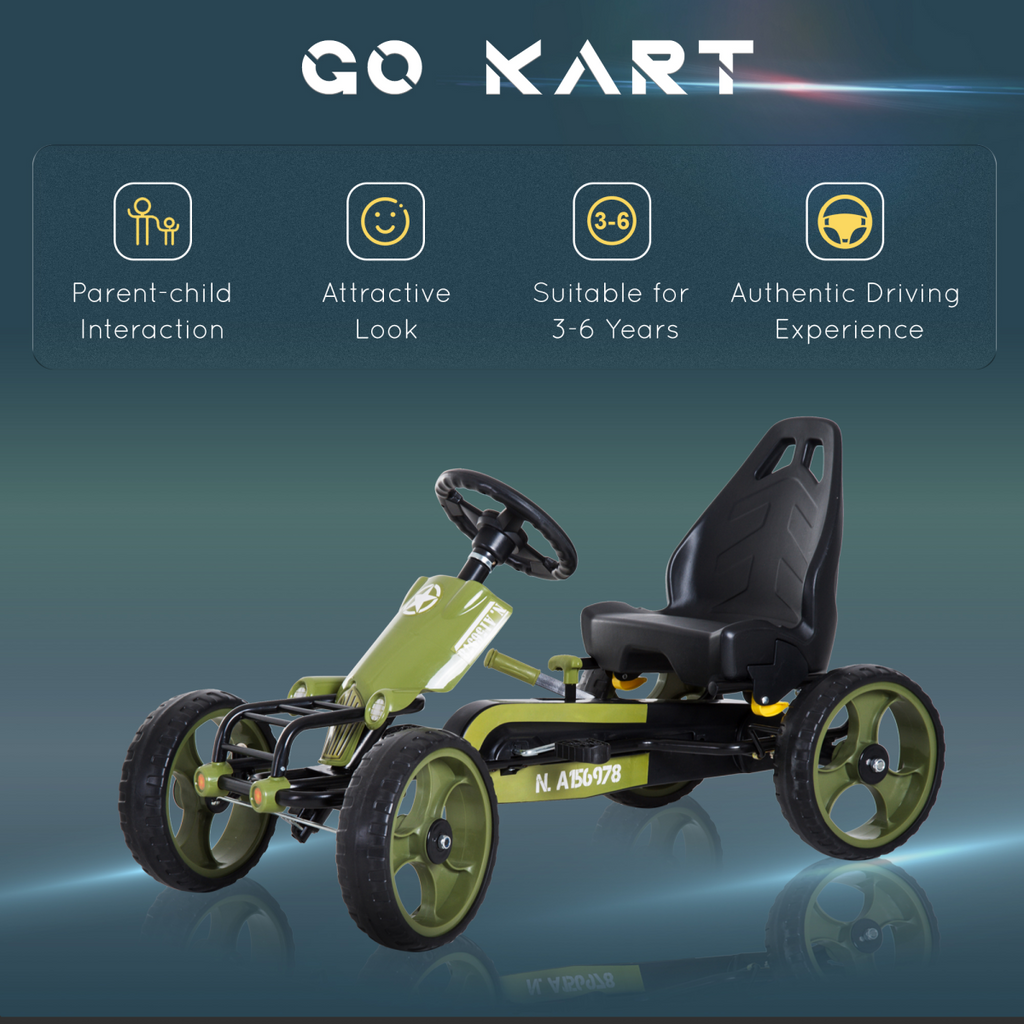 Green FunZone pedal go-kart with hand brake and adjustable seat, designed for racing and suitable for ages 3-6.