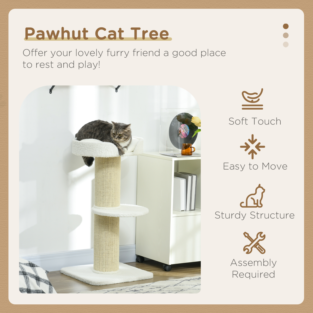 PawHut 2 Tier Cat Resting Tree with Top Basket Cushion Sisal Post Cream White