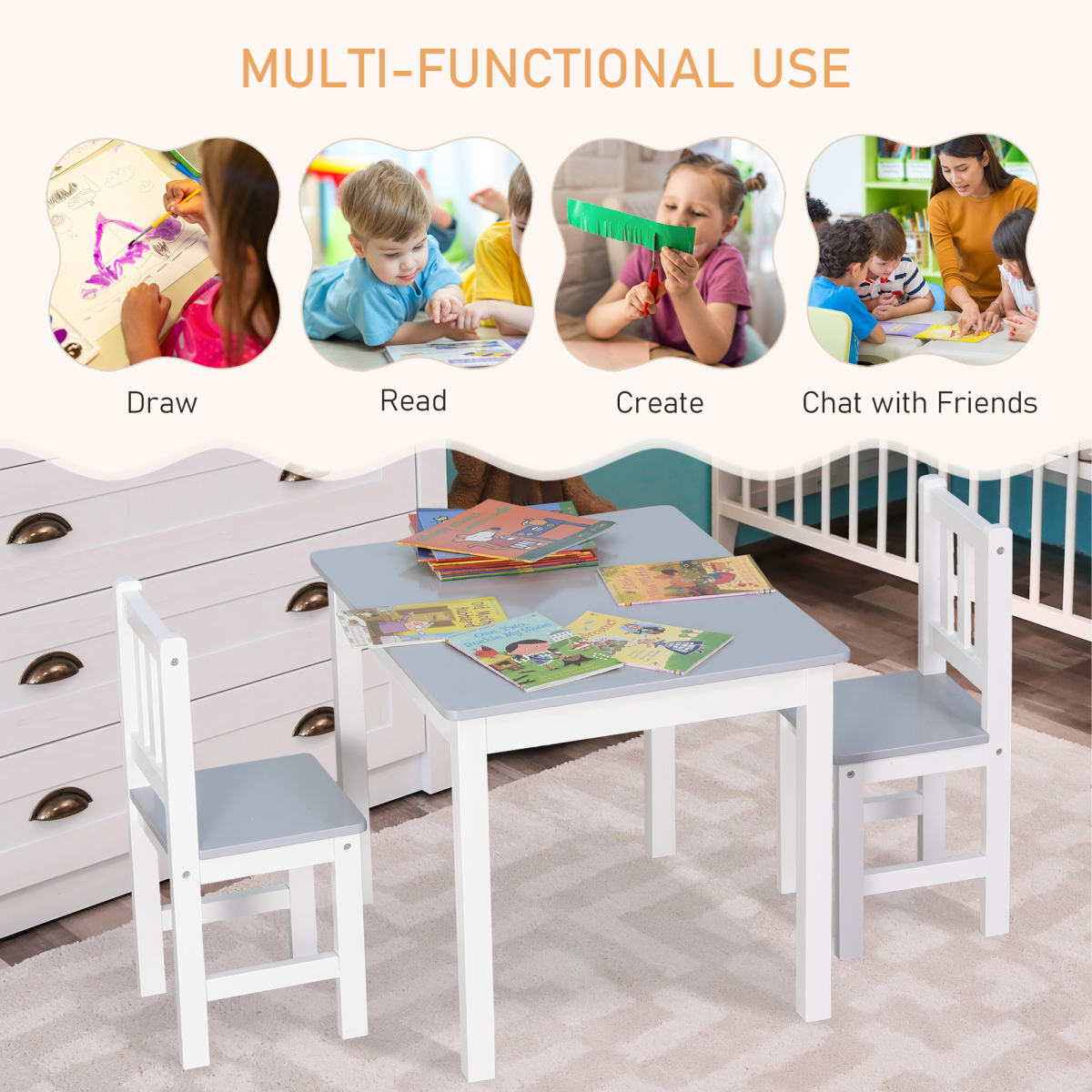 Kids Table and 2 Chairs Set 3 Pieces Toddler Multi-usage Desk Indoor HOMCOM