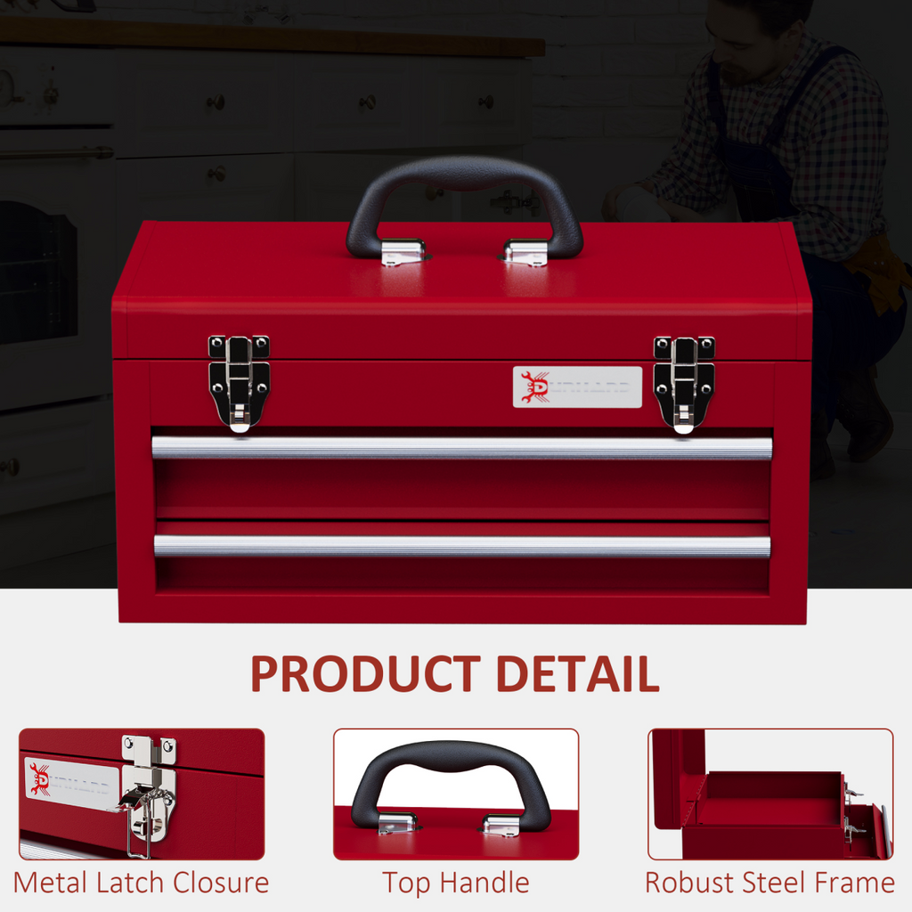 DURHAND red tool chest with two lockable drawers and ball bearing slides, showcasing sturdy construction and ample storage.