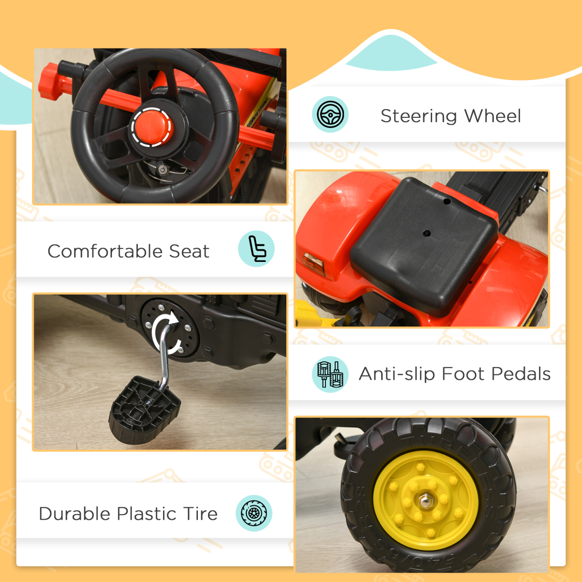 HOMCOM pedal-powered tractor ride-on car with a moving bucket and steering wheel for kids ages 3-6 years.
