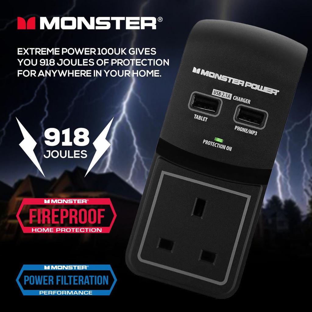 Black Surge Protected Socket by Monster with 2 USB charging ports, showcasing multiple power outlets and sleek design.