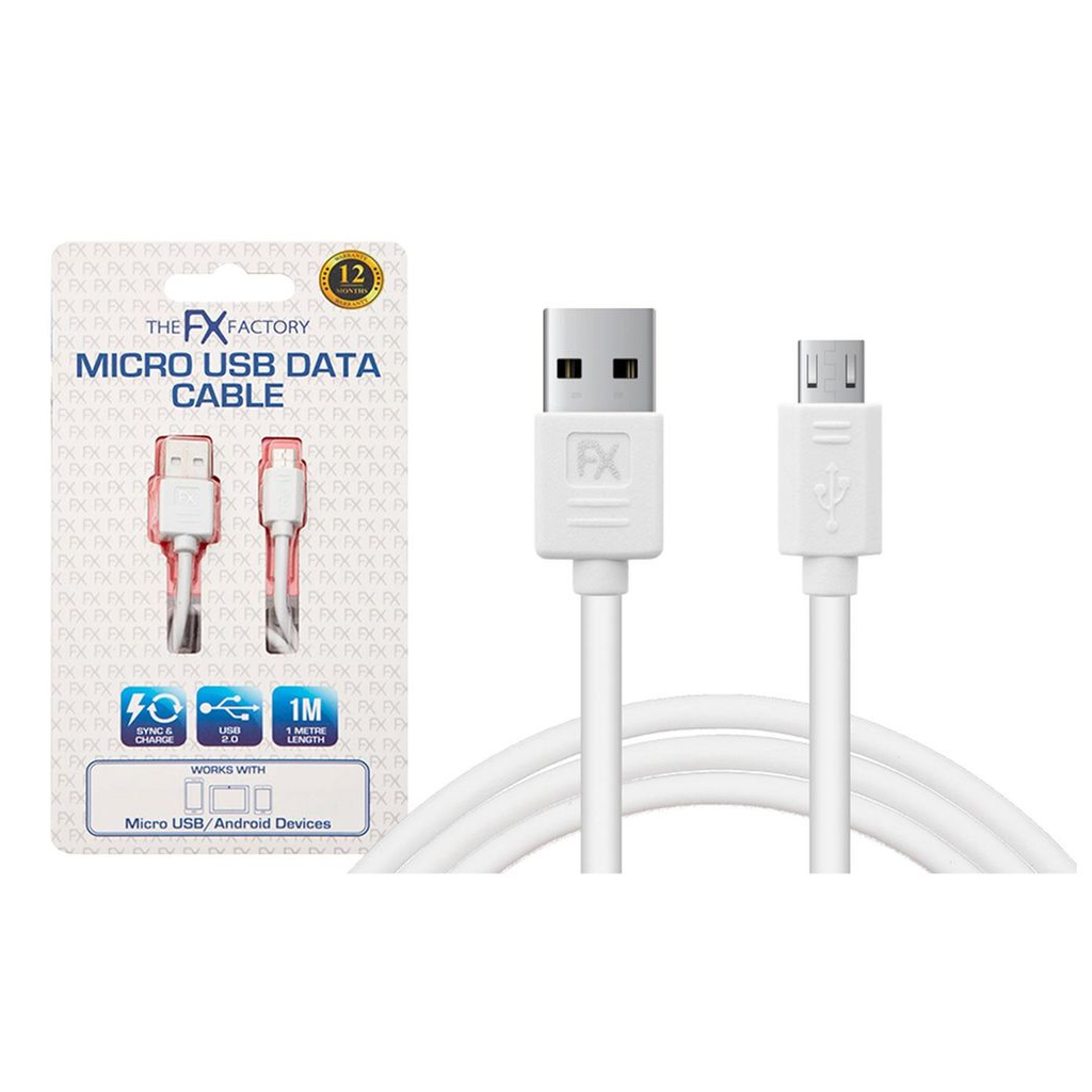 White USB data cable for Micro USB devices by FX Factory, designed for charging and syncing.