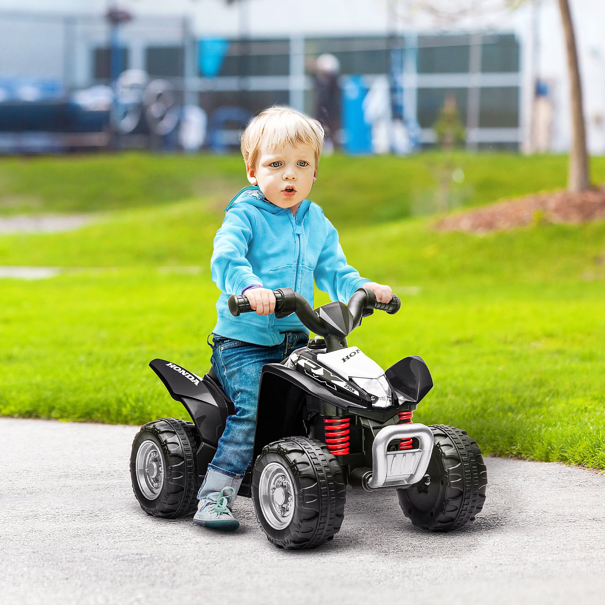 Honda licensed black kids electric quad bike by HOMCOM for ages 1.5-3 years, featuring a compact ATV design.