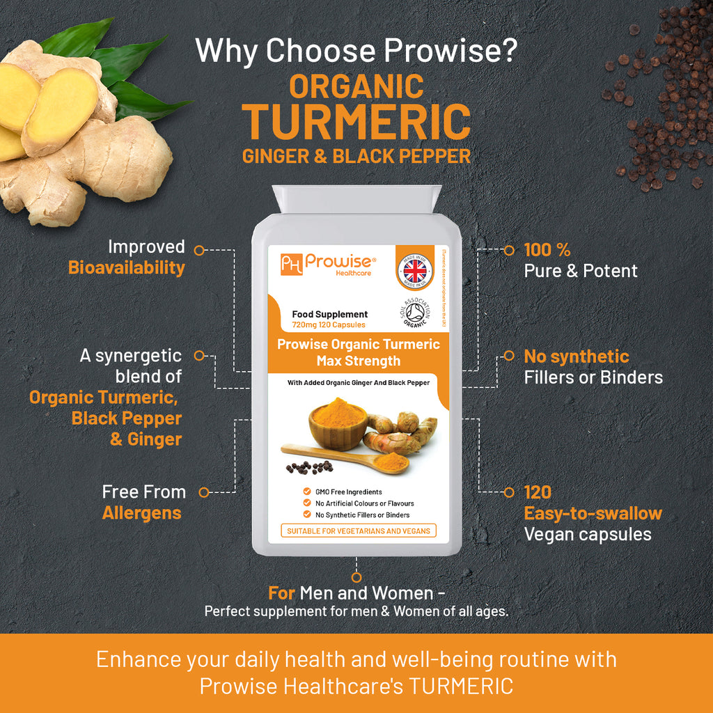 Organic Turmeric Curcumin 720mg capsules with black pepper, vegan supplements in Prowise Healthcare packaging.