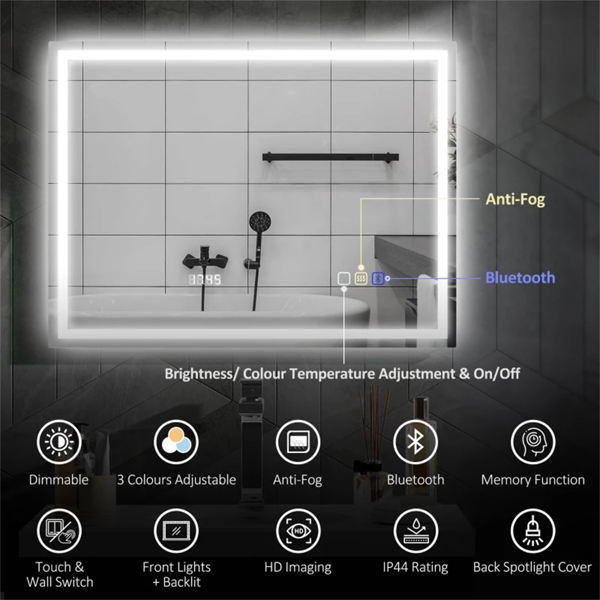 LED Bathroom Mirror with Bluetooth Speaker & Demister - 80x60cm