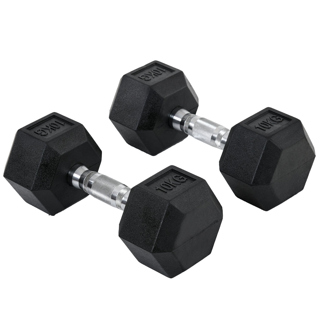 Hexagonal 10kg dumbbells for weight lifting, featuring a sturdy design for home fitness workouts by ActiveGear.