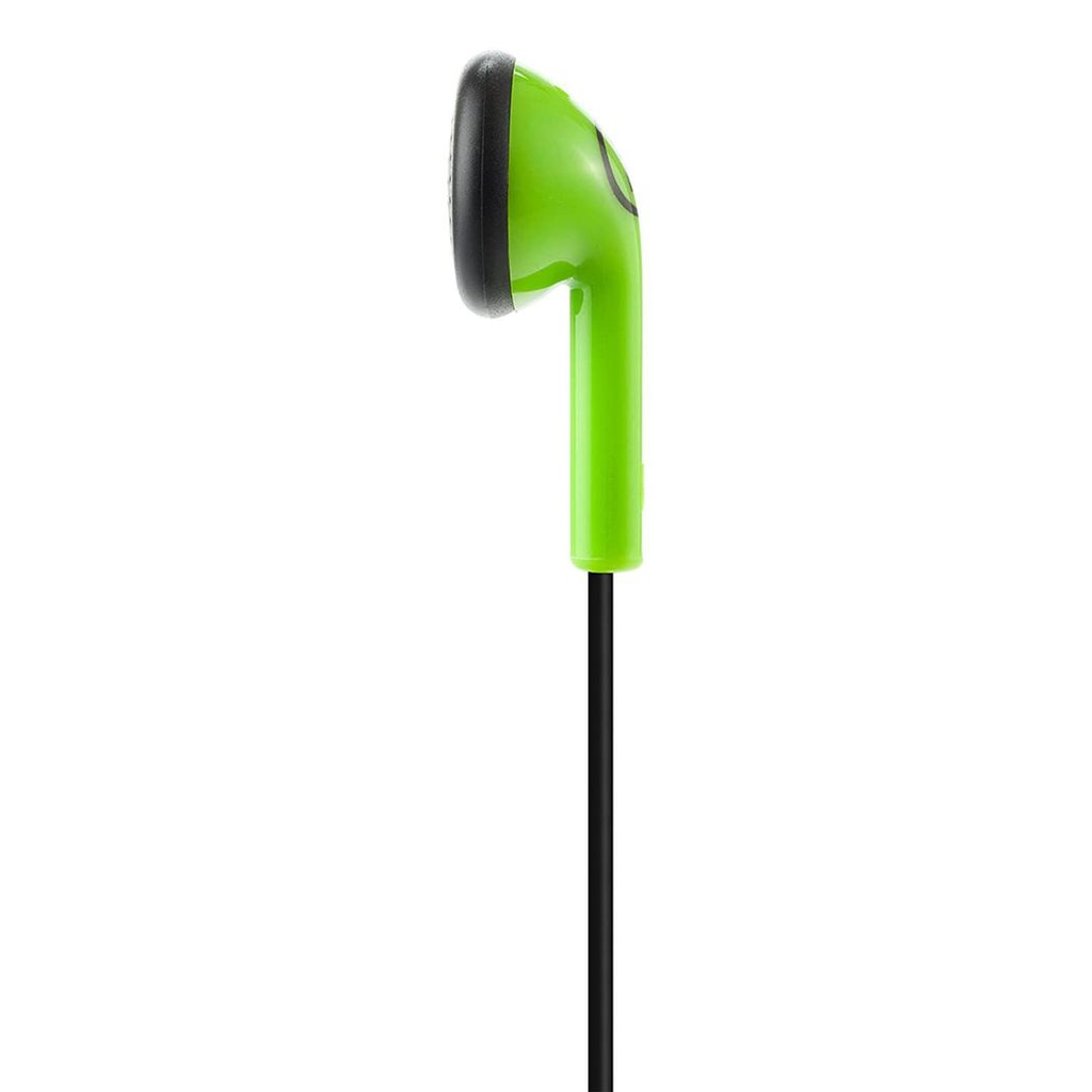 Offset green in-ear headphones with 3.5mm jack and hands-free feature, displayed against a neutral background.